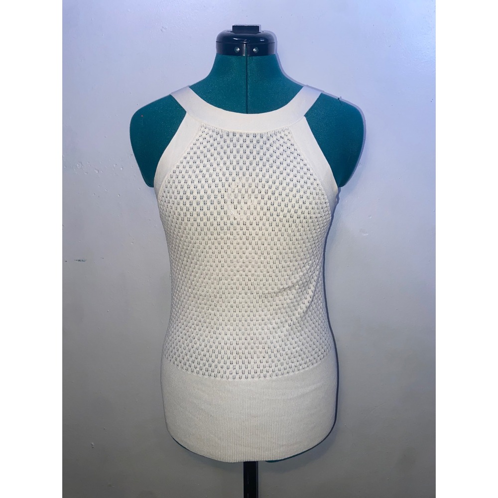 Vintage Cache Y2K Pointelle Woven Knit Tank Top High Neck Halter Dainty 90s Chic